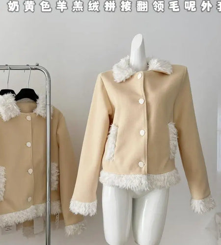 Autumn Winter Khaki Patchwork Lamb Woolen Short Coat Women Turn-down Collar Single Breasted Casual Fashion Cardigan Tops Popular