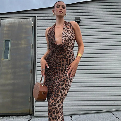 Load image into Gallery viewer, Leopard Print Backless Sexy Maxi Dress For Women Gown Fashion Halter Strapless Sleeveless Bodycon Printed Long Dress

