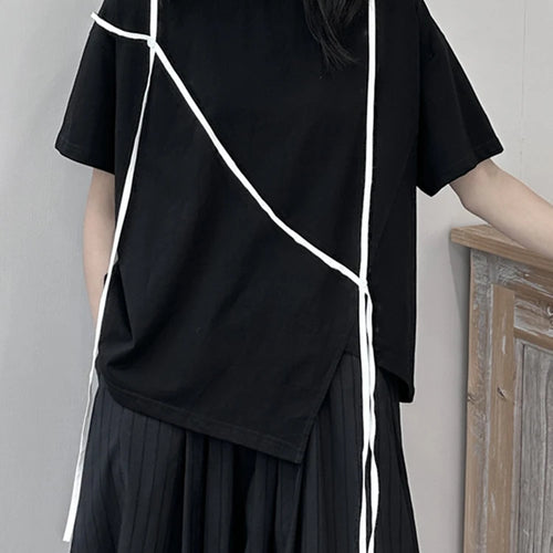 Load image into Gallery viewer, Women White Ribbon Color-block Big Size Casual T-shirt New Round Neck Short Sleeve Fashion Tide Spring Summer 2025 1DJ1675
