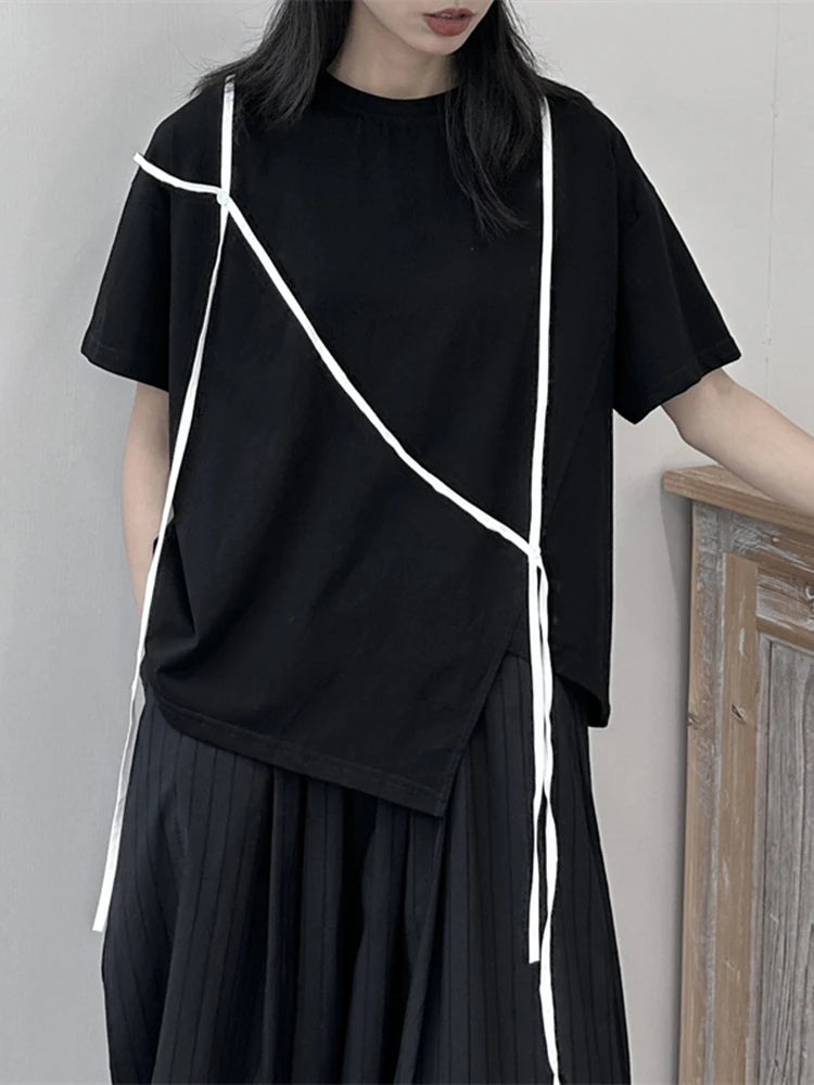 Women White Ribbon Color-block Big Size Casual T-shirt New Round Neck Short Sleeve Fashion Tide Spring Summer 2025 1DJ1675