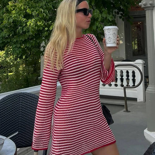 Load image into Gallery viewer, Striped Knit Mini Dress For Women Autumn Winter New O Neck Long Sleeve Contrast Color High Waist Beach Sexy Dress New
