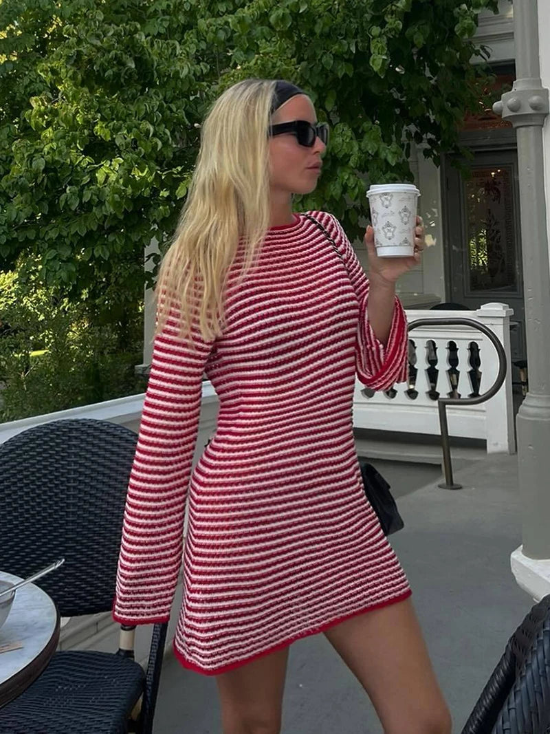 Striped Knit Mini Dress For Women Autumn Winter New O Neck Long Sleeve Contrast Color High Waist Beach Sexy Dress New