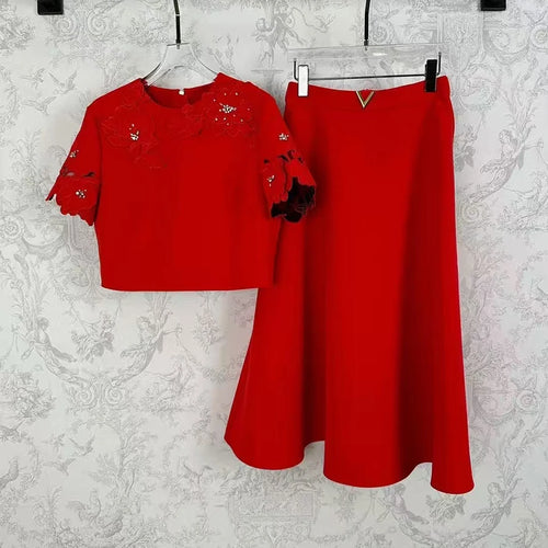 Load image into Gallery viewer, Solid Two Piece Set For Women O Neck Short Sleeve T Shirt High Waist Temperament Skirt Elegant Sets Female Style
