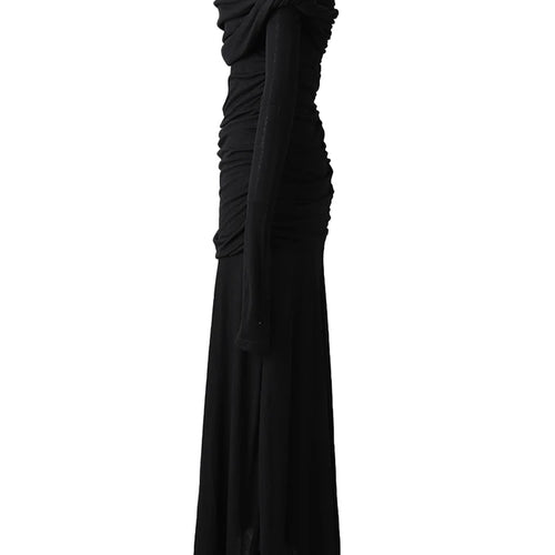 Load image into Gallery viewer, Women Black Pleated Elegant Slim Long Dress New Asymmetrical Collar Long Sleeve Fashion Tide Spring Autumn 2025 CPG2993
