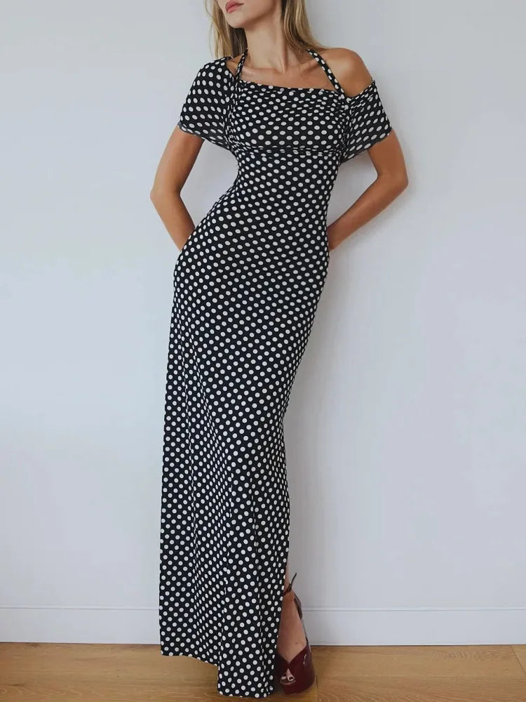 Elegant Sleeveless Hanging Collar One Shoulder Dress Women Sexy Backless Bodycon Slit Dress Party Holiday Beach Vestido
