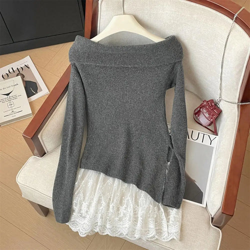 Load image into Gallery viewer, French Autumn Winter Patchwork Lace Elegant Pullover Short Sweater Women's Vintage 2024 New Office Lady Long Sleeved Knitted Top

