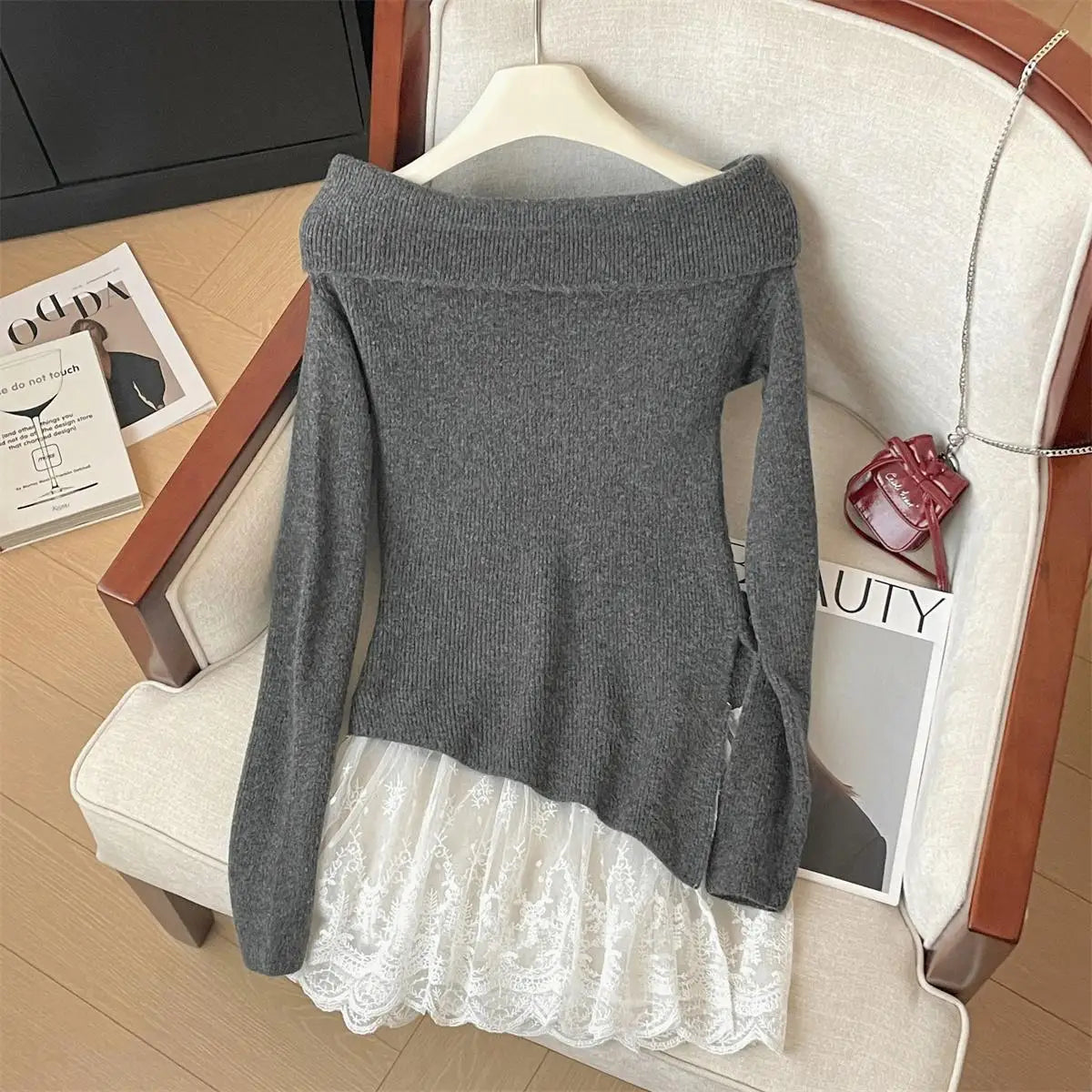 French Autumn Winter Patchwork Lace Elegant Pullover Short Sweater Women's Vintage 2024 New Office Lady Long Sleeved Knitted Top