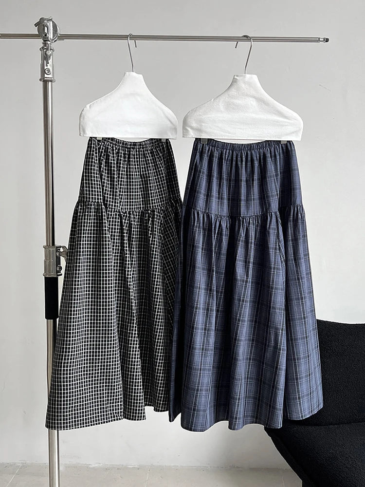 High Elastic Waist Blue Plaid Vintage Long A-line Half-body Skirt Women Fashion Tide New Spring Autumn 2025   1DJ0935