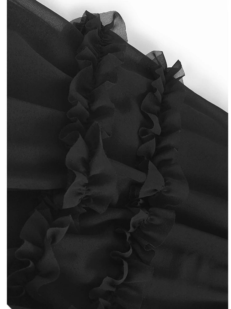 High Elastic Waist Black Irregular Ruffles A-line Half-body Skirt Women Fashion Tide New Spring Autumn 2025  1DJ1106