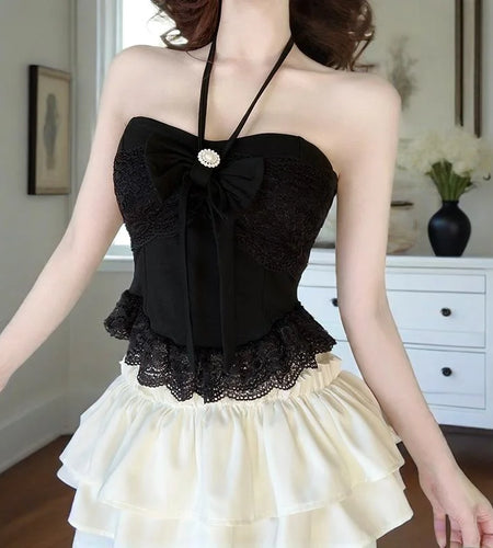 Fairy Coquette Top y2k Clothes Women Lace Bowknot Decor Tie-Up Halter Neck Sleeveless Ruffle Hem T Shirt Streetwear