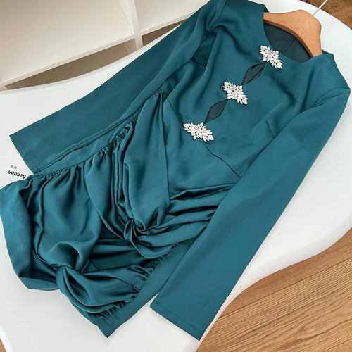 Load image into Gallery viewer, Autumn 2024 Green Diamond Elegant Wrap Hip Pleated Short Dress Women Round Neck Sexy Hollow Out Festival Party Evening Dress New
