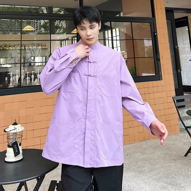 IEFB Stand Collar Male Shirts New Chinese Style Knot Button Long Sleeve Shirt Single Breasted Casual Loose Top Spring 9W1283