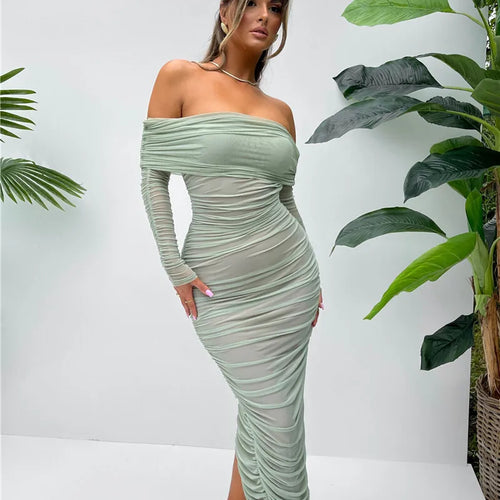 Load image into Gallery viewer, Off-shoulder Long Sleeve Sexy Maxi Dress For Women Autumn New Strapless Backless Bodycon Ruched Party Long Dress
