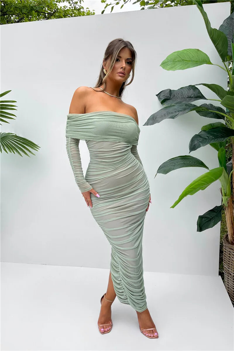 Off-shoulder Long Sleeve Sexy Maxi Dress For Women Autumn New Strapless Backless Bodycon Ruched Party Long Dress