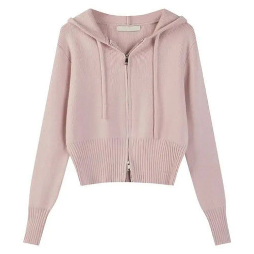 Load image into Gallery viewer, Korean Solid Hooded Double Zipper Cardigan Sweater Women Autumn Winter Long Sleeve Vacation Knitwear Tops Simplicity Streetwear
