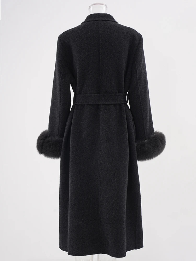 Dark Gray Cuff Fur Big Size Long Woolen Coat New Lapel Long Sleeve Women Jacket Fashion Tide Autumn Winter 2025 CPG2464