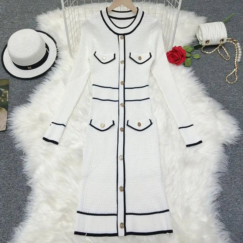 French Women Autumn Winter Patchwork Single Breasted Office Lady Sweater Dress Fashion Round Neck Festival Slim Knitting Dresses
