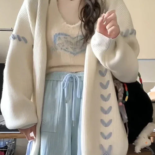 Load image into Gallery viewer, Grunge Casual Loose White Vintage Cardigans Y2k Aesthetic Fashion Bandage All Match Coats Women Autumn Oversized Preppy Sweater
