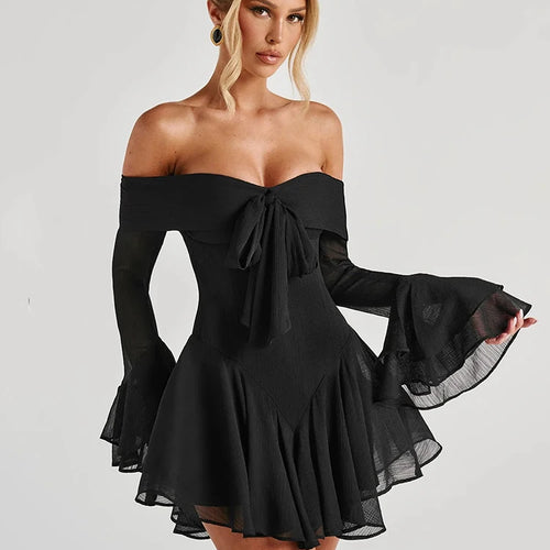 Load image into Gallery viewer, Strapless Long Flare Sleeve Sexy Mini Dress For Women Robe Off-shoulder Backless High Waist A-line Club Party Dress
