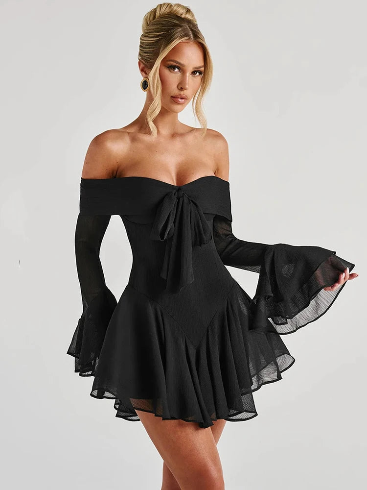 Strapless Long Flare Sleeve Sexy Mini Dress For Women Robe Off-shoulder Backless High Waist A-line Club Party Dress