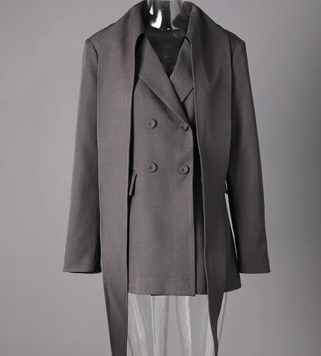 Women Red Double Breasted Ribbon Elegant Blazer New Lapel Long Sleeve Jacket Fashion Tide Spring Autumn 2025 CPDB326