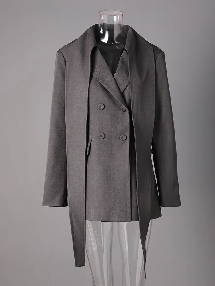 Women Red Double Breasted Ribbon Elegant Blazer New Lapel Long Sleeve Jacket Fashion Tide Spring Autumn 2025 CPDB326