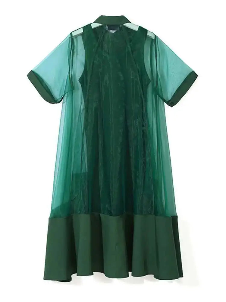 Women Green Organza Irregular Shirt Dress New Stand Collar Half Sleeve Loose Fit Fashion Tide Spring Summer 2025 JT581