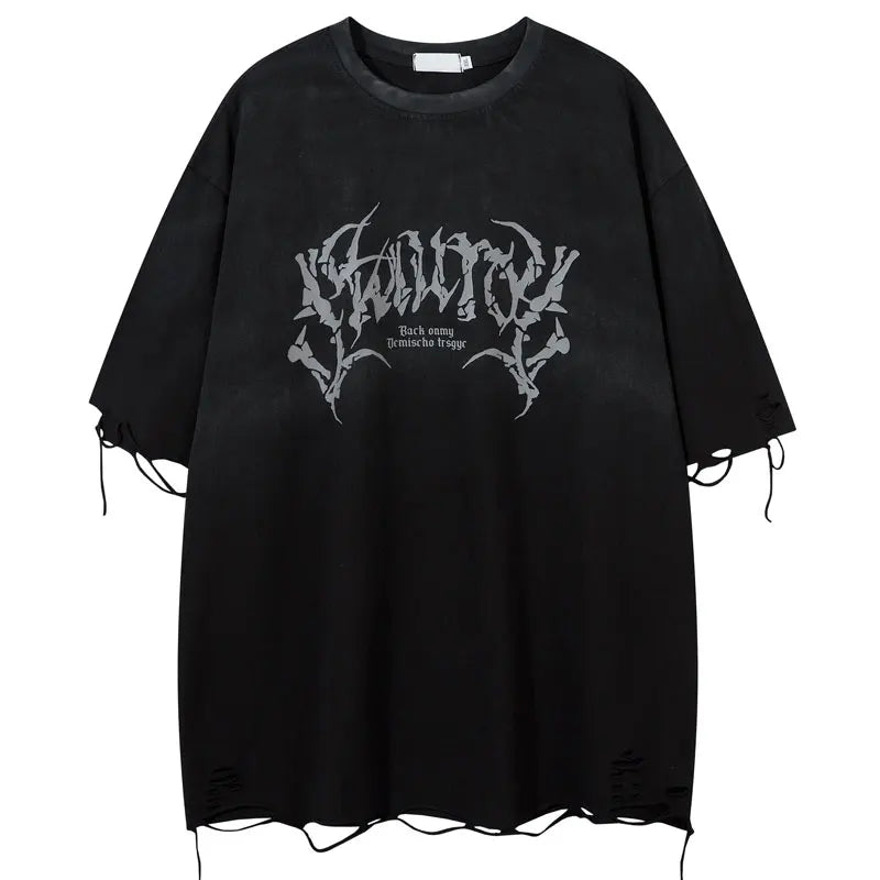Vintage Oversized T-Shirt Y2K Grunge Skull Graphic Printed Ripped Hole Gradient Tshirt Hip Hop Punk Gothic Casual Streetwear Top