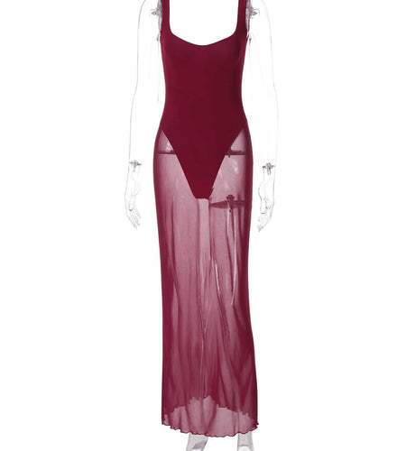 Solid Square Collar Straps Patchwork Mesh Sexy See Through Slit Maxi Dress Women Fashion Clothes Streetwear Festival