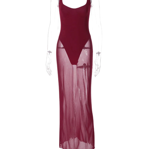 Load image into Gallery viewer, Solid Square Collar Straps Patchwork Mesh Sexy See Through Slit Maxi Dress Women Fashion Clothes Streetwear Festival
