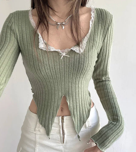 y2k Korean Fashion Knit Women's T-shirts Lace Trim Sweet Retro Crop Top Bow Irregular Hem Auutmn Tee Shirt Slit Cute