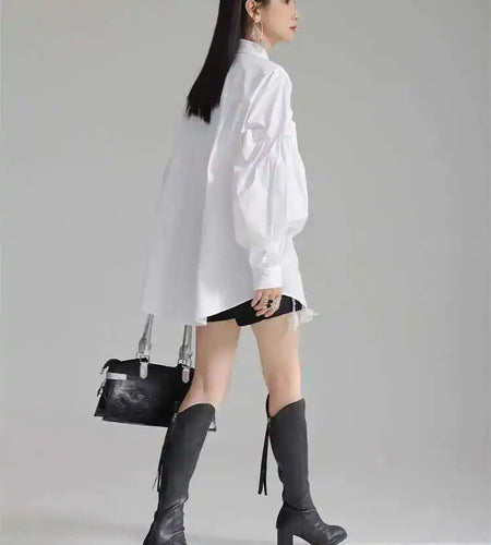 Women White Bow Spliced Big Size Elegant Blouse New Lapel Long Sleeve Shirt Fashion Tide Spring Autumn 2025 1DH5705