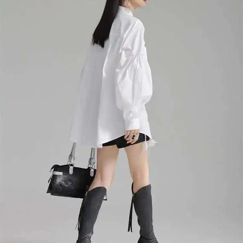 Load image into Gallery viewer, Women White Bow Spliced Big Size Elegant Blouse New Lapel Long Sleeve Shirt Fashion Tide Spring Autumn 2025 1DH5705
