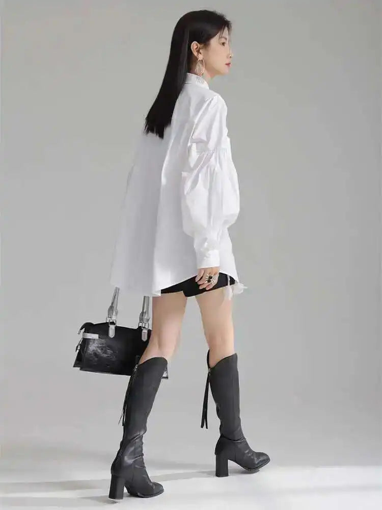 Women White Bow Spliced Big Size Elegant Blouse New Lapel Long Sleeve Shirt Fashion Tide Spring Autumn 2025 1DH5705