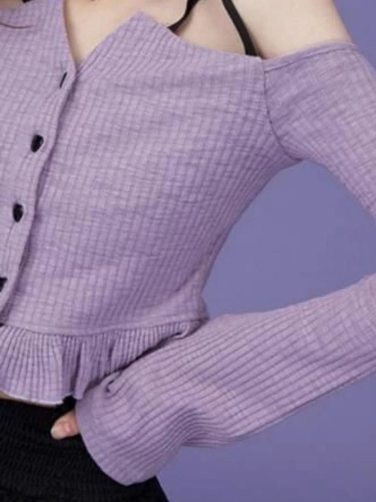 Slash Neck Y2k Aesthetic Embroidery Tshirts Purple Sweet Ruffled Women Slim Cropped Tees Vintage Harajuku Flare Sleeve T-shirt