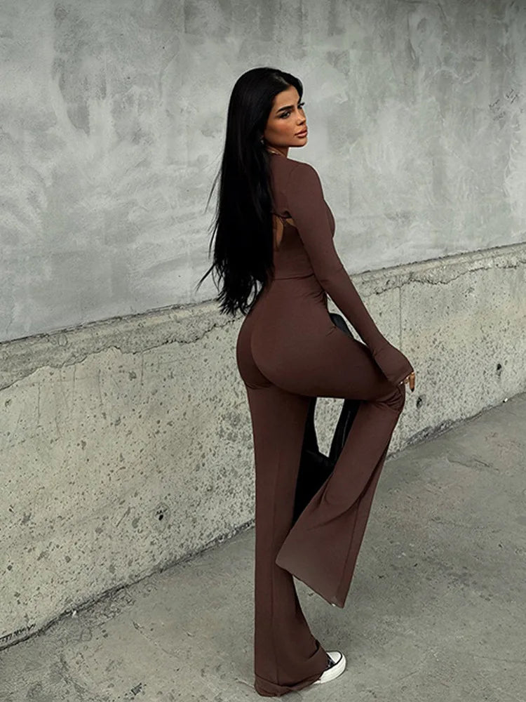 Fashion Stretch Tight Long Sleeve Top Strap Jumpsuit Set For Women Sexy Hollow Out Slim Two Piece Set Winter New2025 Set
