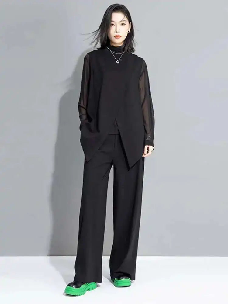 Women Black Mesh Perspective Irregular Thin T-shirt New Turtleneck Long Sleeve Fashion Tide Spring Autumn 2025 1DH7665