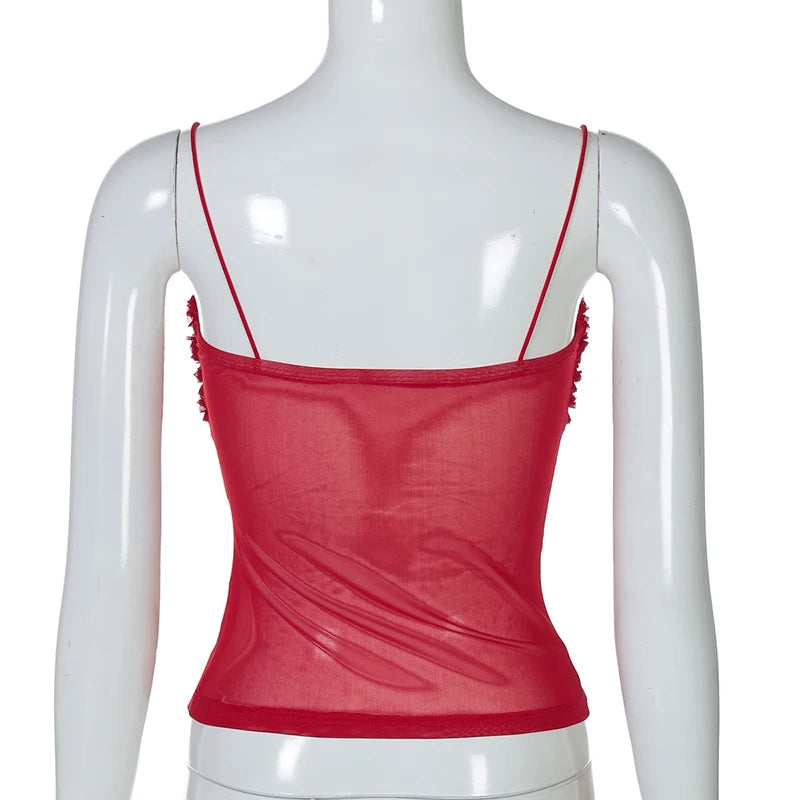 Spaghetti Strap Mesh Pleated Sexy Crop Tops Women Red Strapless Sleeveless Backless Skinny Club Tank Tops Clubwear