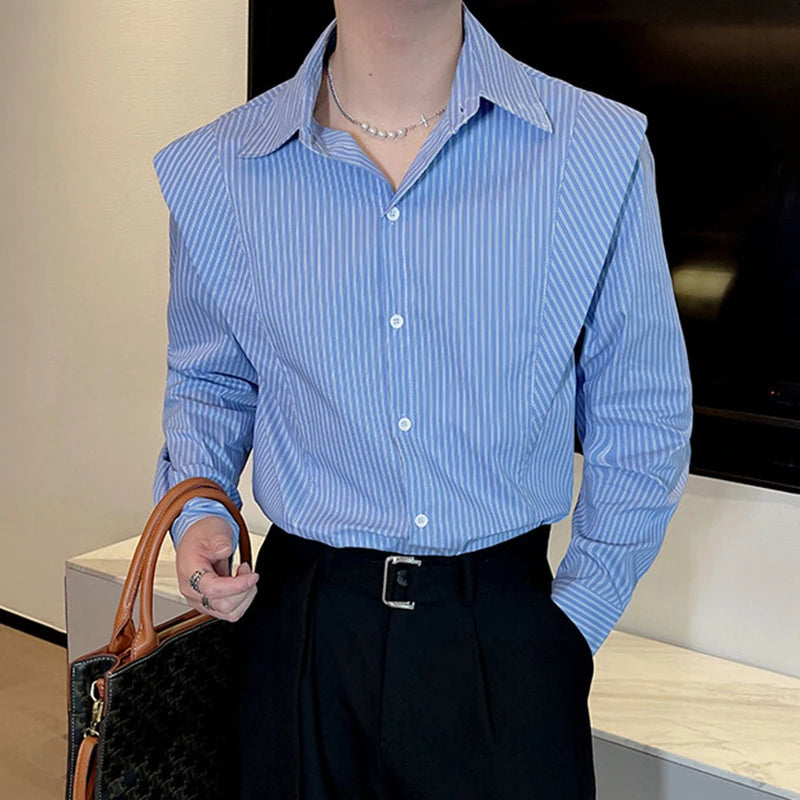 Men's Long Sleeved Shirts Spring Korean Striped Casual Design Male Turn-down Collar Fake Two-piece Patchwork Shirt 9W1416