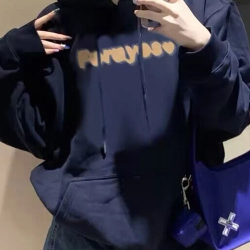 Load image into Gallery viewer, Navy Blue Chicly Hooded Drawstring Loose Female Hoodies Fashion Letter Printing Pocket Basic Simple Casual Women Hoodies
