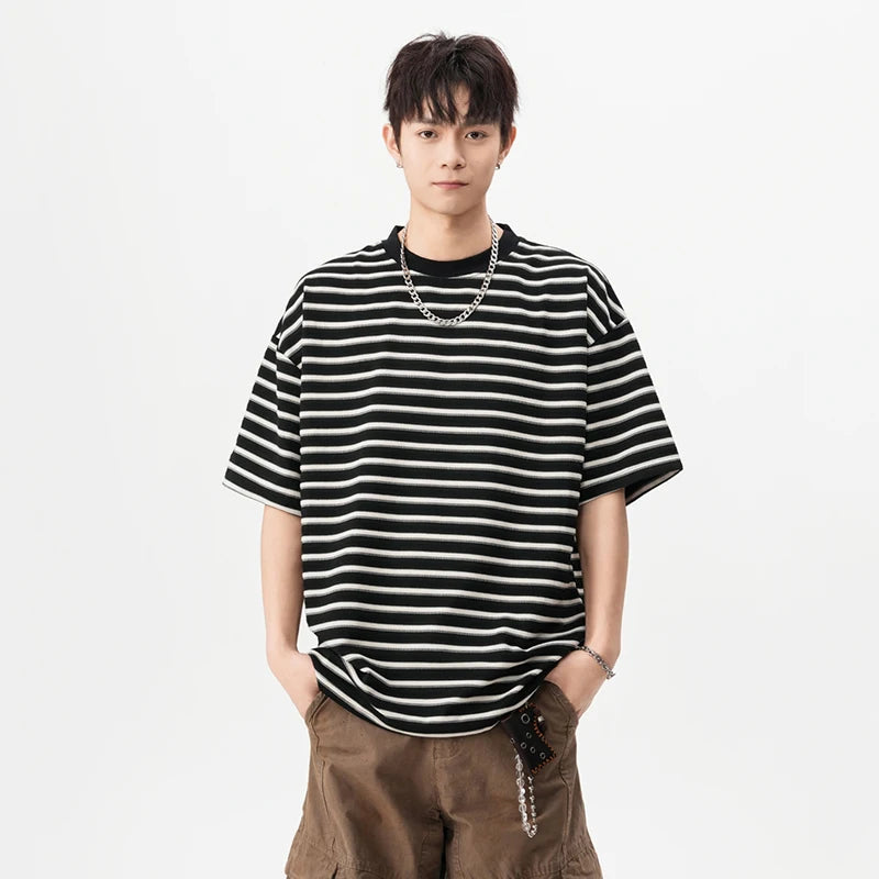 Men's T-shirts New Summer Fashion Striped Design Round Neck Short Sleeve Trendy Clothing Male Causal Pullover Tees 9W1666