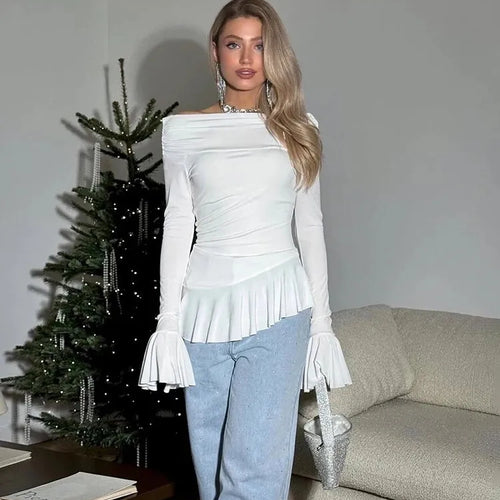 Load image into Gallery viewer, Fashion Long Flared Sleeves Leaf Edge High Elasticity Tight  Women&#39;s Top T-shirt Slim Spring/summer New 2025 Streetwear
