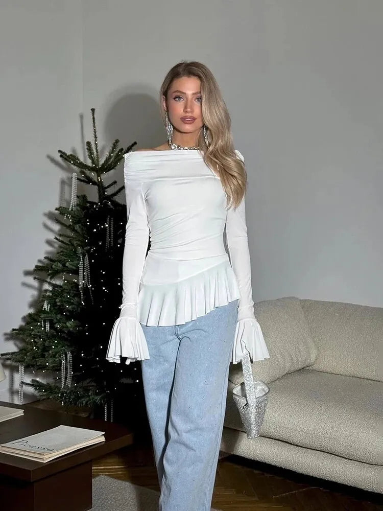Fashion Long Flared Sleeves Leaf Edge High Elasticity Tight  Women's Top T-shirt Slim Spring/summer New 2025 Streetwear