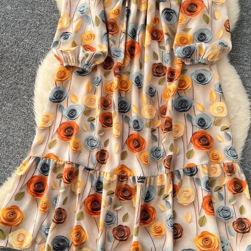 Load image into Gallery viewer, Vintage Women Yellow Flower Elegant Round Neck High Waist Party Dresses French Long Sleeve Slim Vacation Dress 2025 Autumn Boho
