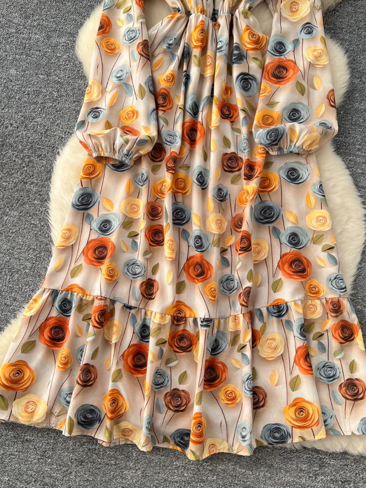 Vintage Women Yellow Flower Elegant Round Neck High Waist Party Dresses French Long Sleeve Slim Vacation Dress 2025 Autumn Boho