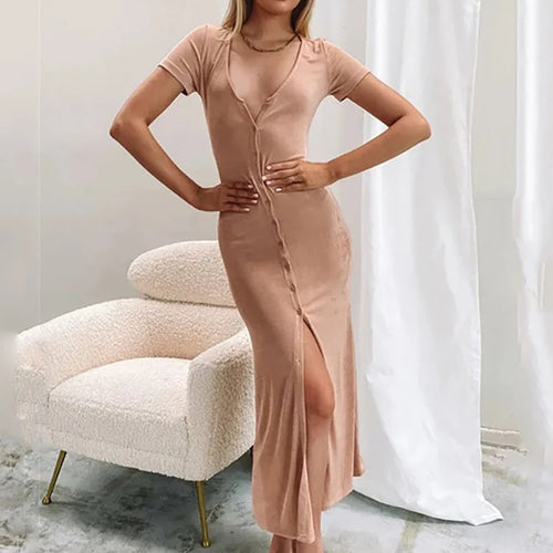 Load image into Gallery viewer, Summer Single-breasted Bodycon Maxi Dresses For Women Short Sleeve See Through Beach Dress Solid V-neck Party Vestidos
