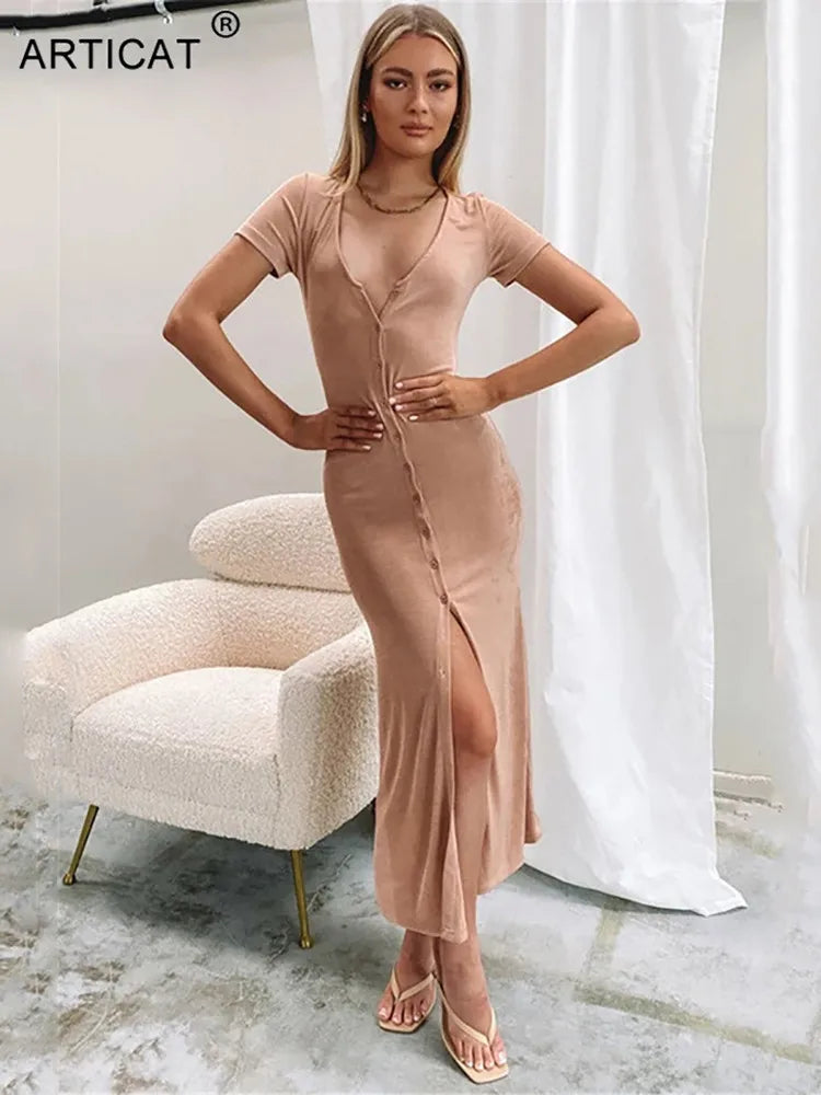 Summer Single-breasted Bodycon Maxi Dresses For Women Short Sleeve See Through Beach Dress Solid V-neck Party Vestidos