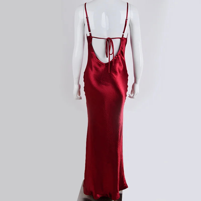 Elegant Satin Backless Maxi Dress For Women Gown Summer Spaghetti Strap Sleeveless Night Club Party Long Dress Vestido