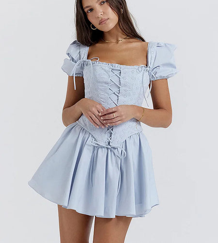 Elegant Short Puff Sleeve Sexy Mini Dress Women Fashion Square Collar Backless A-line Pleated Club Party Dress Vintage