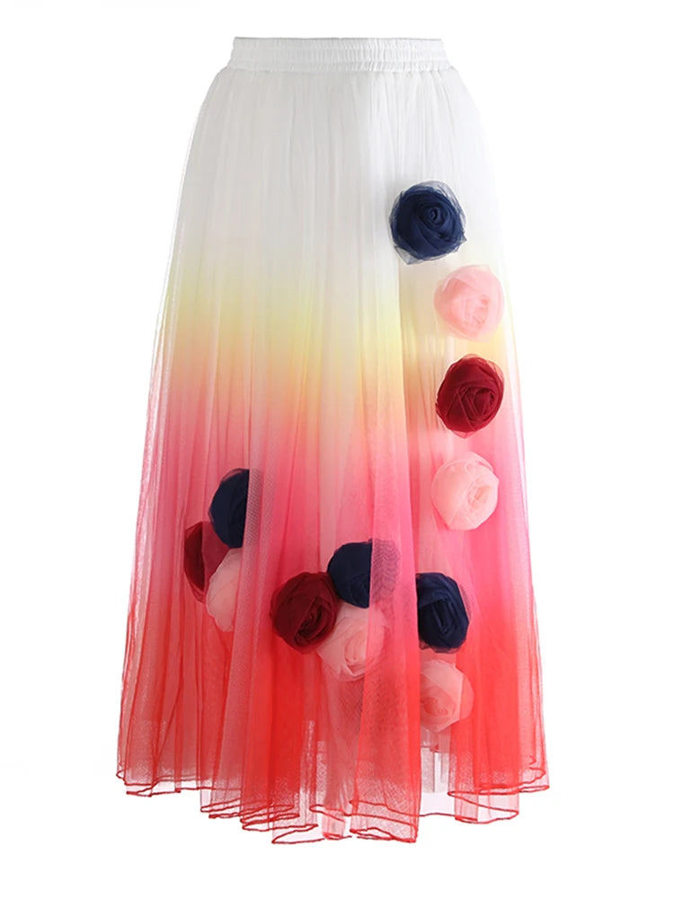 High Elastic Waist Blue 3D Flower Gradual Color Mesh A-line Half-body Skirt Women Fashion New Spring Autumn 2025  1DJ1259